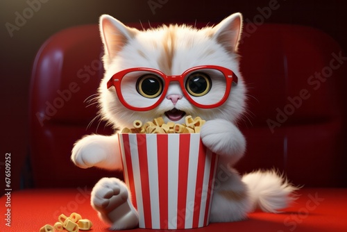 3D illustration of a kitty cat in glasses with popcorn in his paws looking at the camera