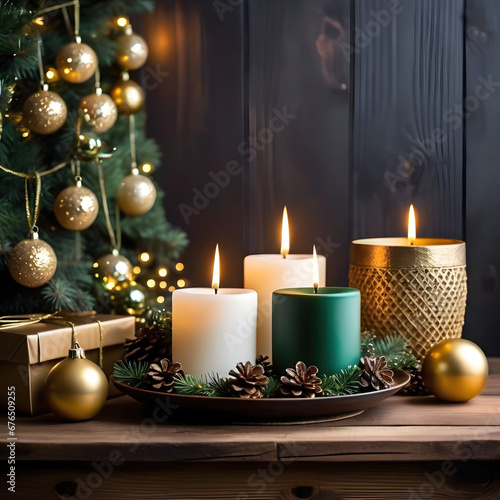 Beautiful centerpiece with candles  pine cones  Christmas balls and a natural fir tree. Green and gold Christmas decoration. Made with AI.  