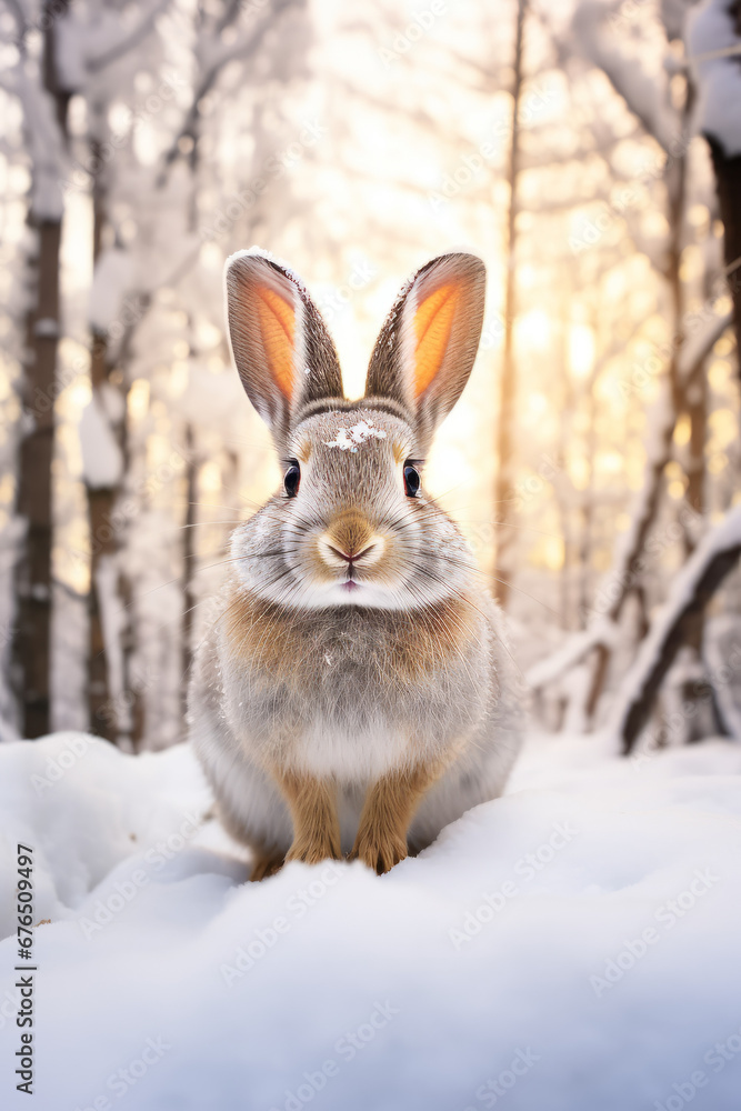 Fototapeta premium Adorable gray hare rabbit in a snowy winter forest