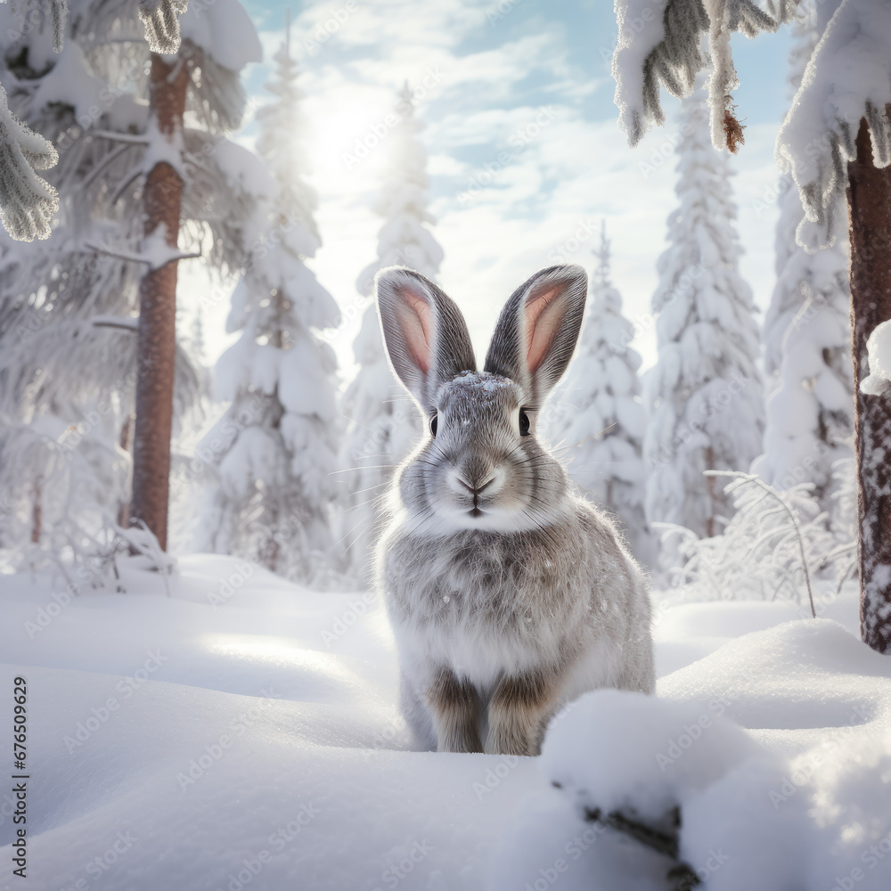 Adorable gray hare rabbit in a snowy winter forest Adorable gray hare rabbit in a snowy winter forest