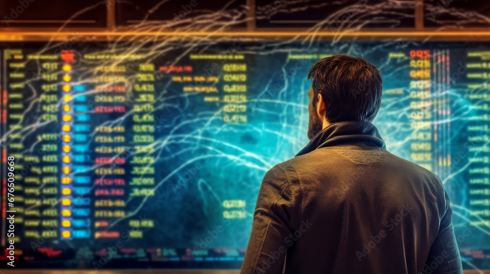 Man tourist looking at flight schedules for checking AI generated illustration Man tourist looking at flight schedules for checking AI generated illustration