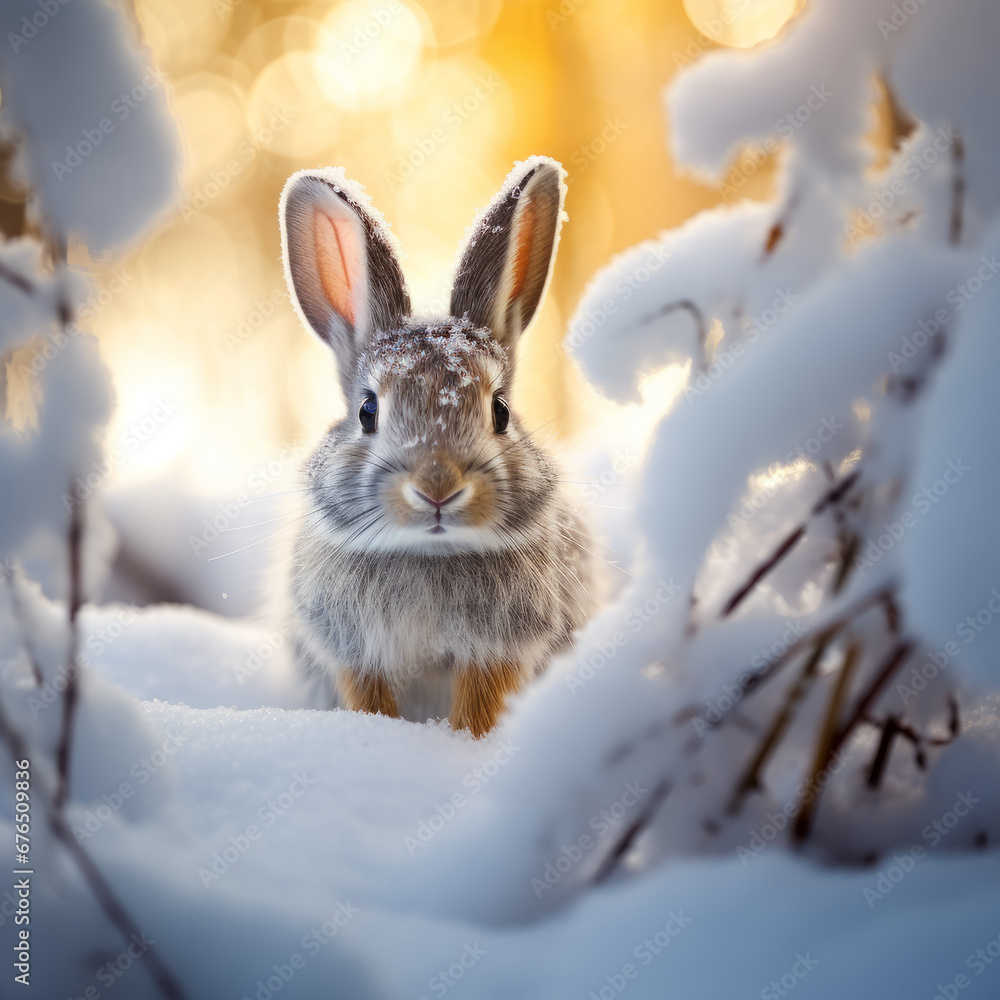 Adorable gray hare rabbit in a snowy winter forest