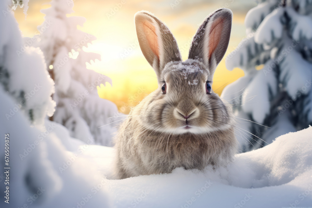 Adorable gray hare rabbit in a snowy winter forest Adorable gray hare rabbit in a snowy winter forest
