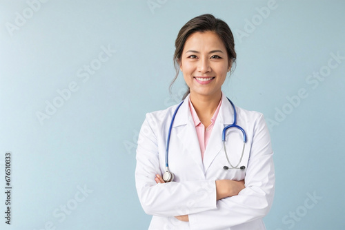 Profesional sanitaria, doctor, medico con una bata de laboratorio blanca sobre una camisa rosa claro y un estetoscopio colgado del cuello