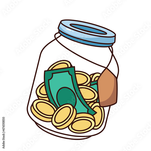 Groovy jar of coins and money bills vector illustration. Cartoon isolated retro wealth sticker of glass bottle for banknotes and gold storage, funny moneybox mascot to save and invest cash money