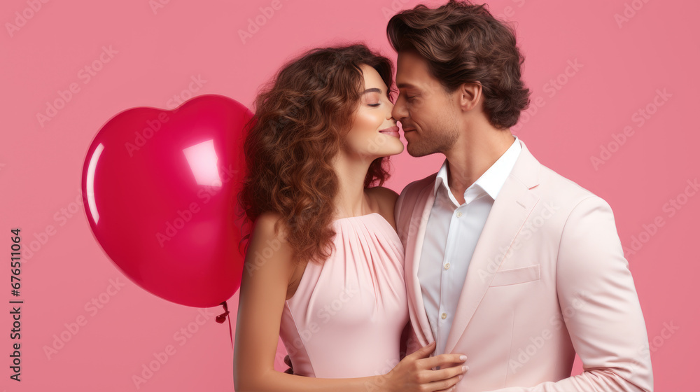 cute couple kissing with red heart shaped balloon, generative ai cute couple kissing with red heart shaped balloon, generative ai