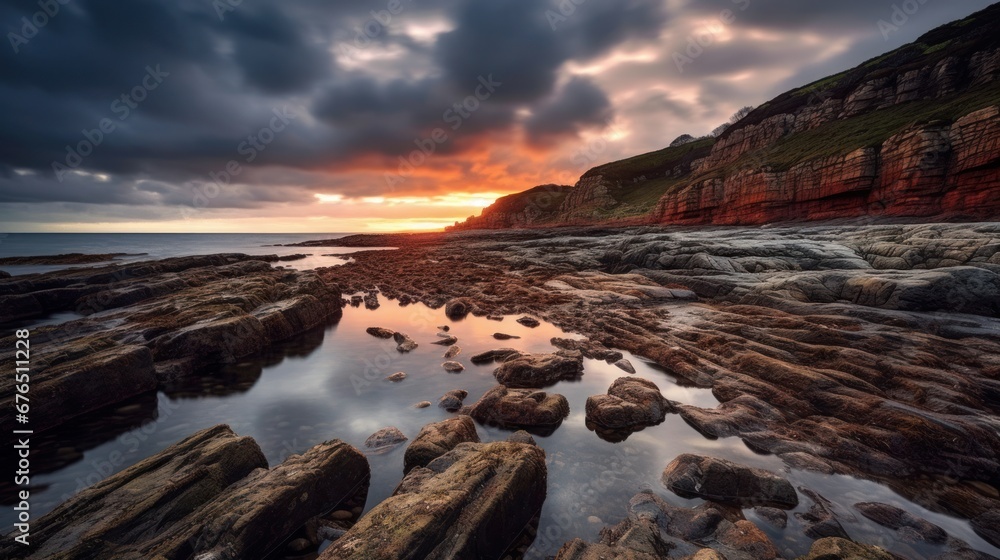 Obraz premium A rocky coastline framed by a dramatic sky at dusk AI generated illustration