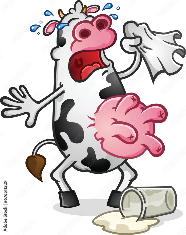 A dairy cow cartoon character crying over spilled milk with big round pink udders vector clip art illustration A dairy cow cartoon character crying over spilled milk with big round pink udders vector clip art illustration