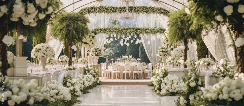 The background of the summer wedding party was adorned with a stunning floral design featuring vibrant white roses and lush greenery bringing out the natural beauty and luxurious atmosphere 