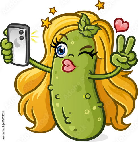 Blonde pickle girl influencer cartoon character with full eyelashes and pink lipstick taking a selfie on her smartphone for her fans on social media