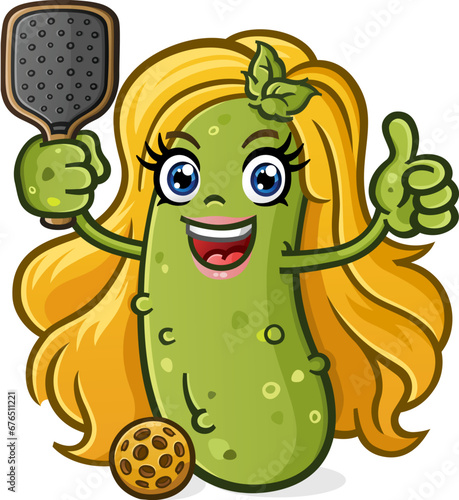 Blonde pickle girl pickleball player cartoon character with full eyelashes and pink lipstick holding a paddle and ball and giving an enthusiastic thumbs up gesture