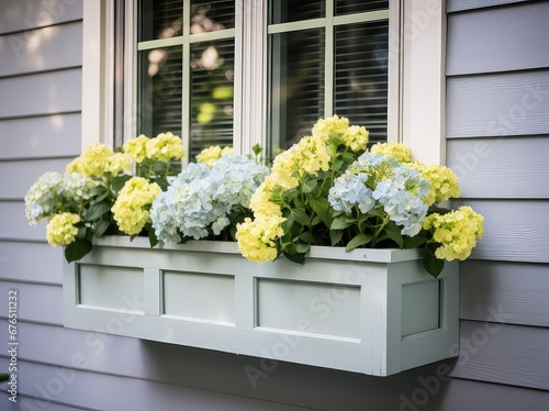 White window box with yellow and white flowers on a modern house