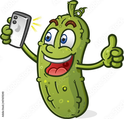 Smiling pickle cartoon character taking a selfie photo with a smart phone and and flashing a thumbs up hand gesture to the camera