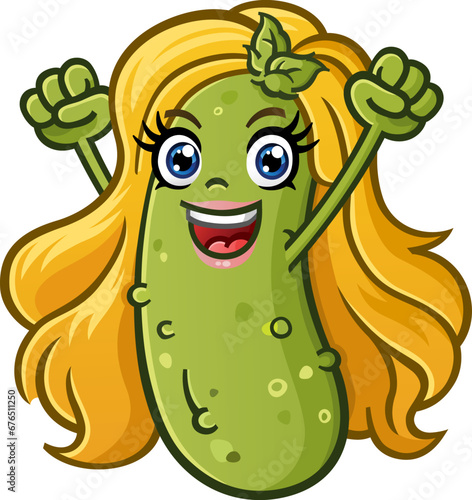 Blonde pickle girl cartoon character with full eyelashes and pink lipstick cheering with her fists in the air with fun loving excitement