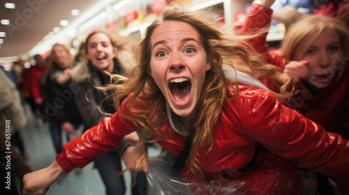 Consumers running through a shopping mall looking for discounted products on Black Friday