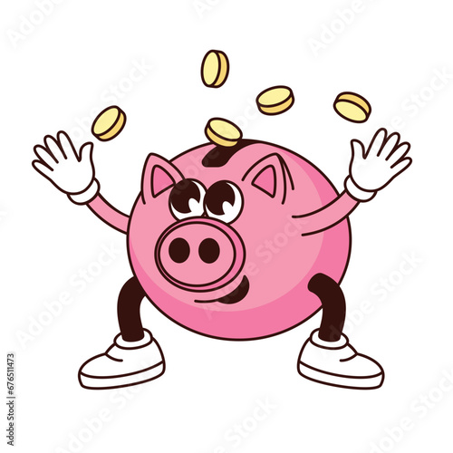 Groovy piggy bank character and money coins vector illustration. Cartoon isolated retro funny sticker of cute comic pink pig juggling with cash gold money, happy rich moneybox with smile on face