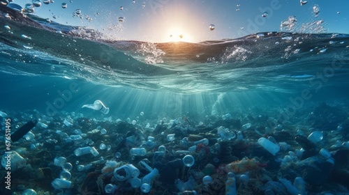 The ocean full of plastic waste microplastic pollut  AI generated illustration