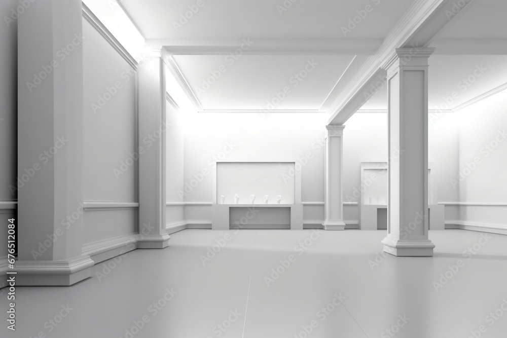 3D rendering of empty exhibition stand in contemporary gallery interior. Generative AI