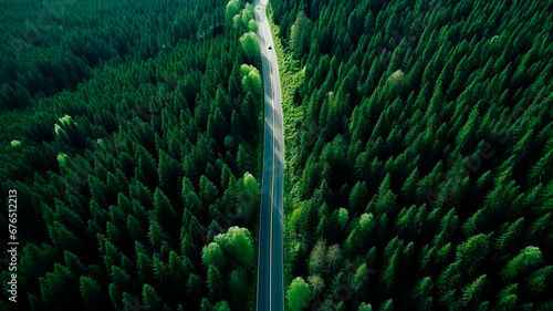 aerial view of green forest and road.