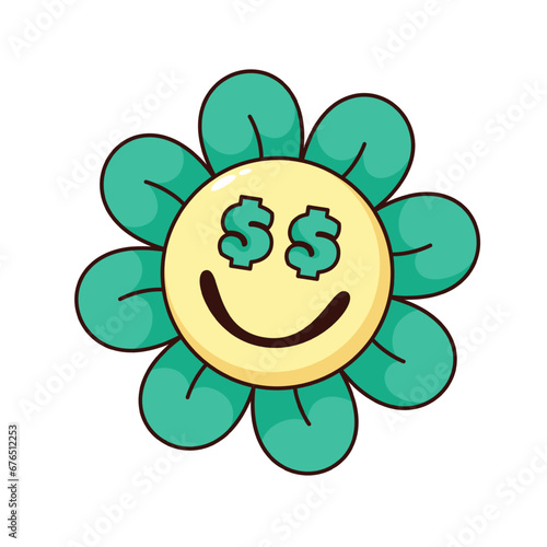 Groovy flower character with money in eyes vector illustration. Cartoon isolated retro funny floral sticker of love to money, cute daisy with green petals, dollars and funky smile on flowers face