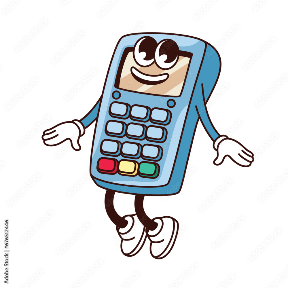 Groovy POS terminal character vector illustration. Cartoon isolated ...