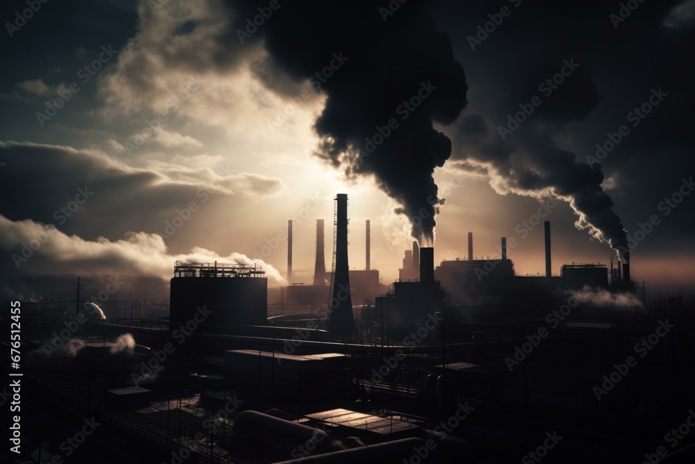 Dark industrial site emitting air pollution through smoke stacks. Generative AI