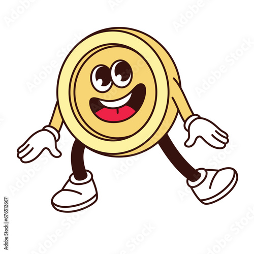 Groovy happy gold coin character vector illustration. Cartoon isolated retro bank currency sticker, money emoji with funny face and smile, cute kawaii mascot with arms and legs dancing, coin standing