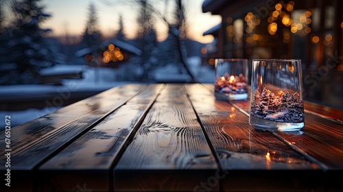 Winter xmas background with empty space on table top in front. Christmas horizontal blank scene. Wooden table top in front  blurred  hristmas tree in the snow. Snowy scene