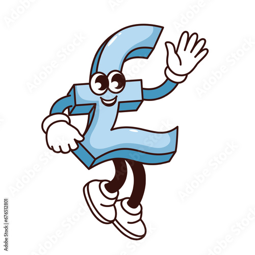 Groovy pound character vector illustration. Cartoon isolated retro money sticker, funny English bank currency sign with arms and legs waving, comic happy pound mascot with cute face and smile