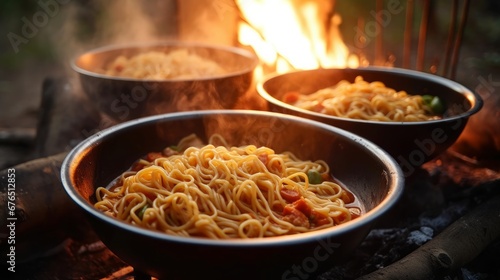 Bowls of spicy noodles steaming on a picnic table AI generated illustration