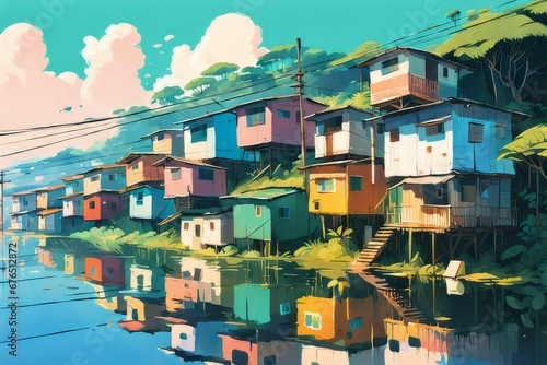 Casas coliridos de uma favela em um morro às margens de um rio ou mangue. photo