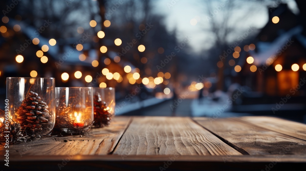 Winter xmas background with empty space on table top in front. Christmas horizontal blank scene. Wooden table top in front, blurred ?hristmas tree in the snow. Snowy scene Winter xmas background with empty space on table top in front. Christmas horizontal blank scene. Wooden table top in front, blurred ?hristmas tree in the snow. Snowy scene