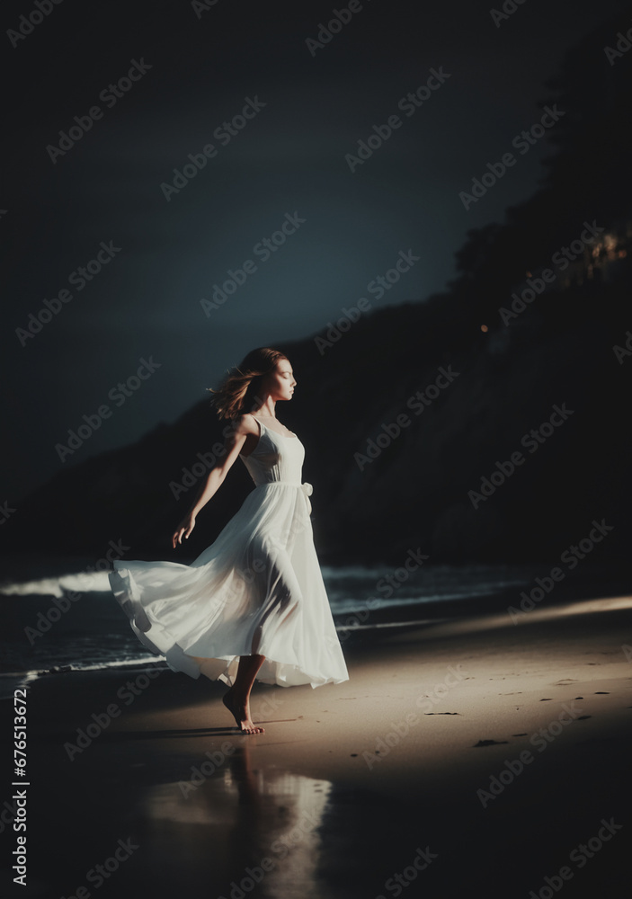 giovane affascinante ragazza in abito bianco lungo che balla sola su una spiaggia notturna