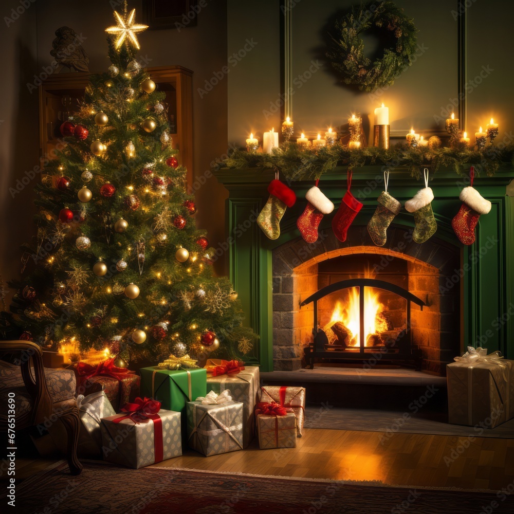 Appartments with classic fireplace on Christmas eve with new year tree and gifts Appartments with classic fireplace on Christmas eve with new year tree and gifts