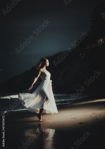 giovane affascinante ragazza in abito bianco lungo che balla sola su una spiaggia notturna photo