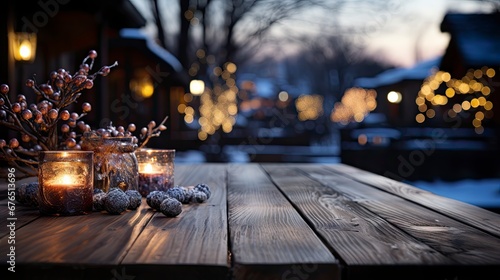 Winter xmas background with empty space on table top in front. Christmas horizontal blank scene. Wooden table top in front, blurred ?hristmas tree in the snow. Snowy scene