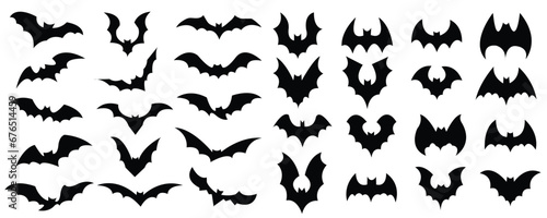 Vampire bat silhouette. Halloween bats decoration, hanging cave flittermouse and scary rearmouse animal, nocturnal holiday night wildlife flight shape vector silhouettes isolated icon collection photo