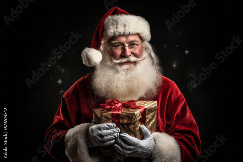 Portrait of kind Santa Claus holds a gift in his hands on a dark background. Christmas and New Year 2024 celebration.