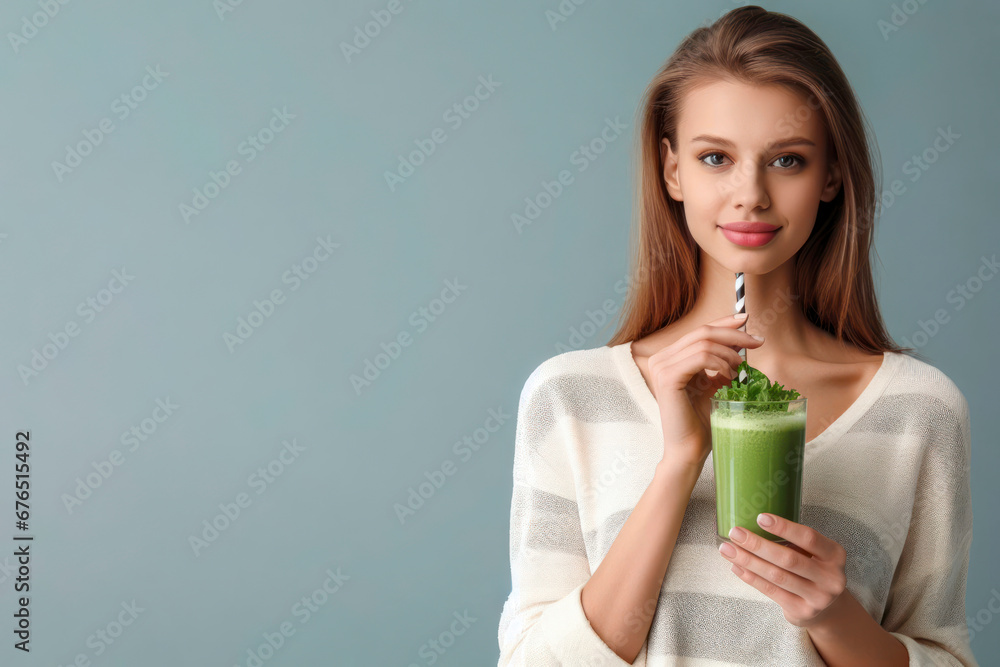 Beautiful Woman Holding Glass with Green Smoothie on solid background. ai generative Beautiful Woman Holding Glass with Green Smoothie on solid background. ai generative