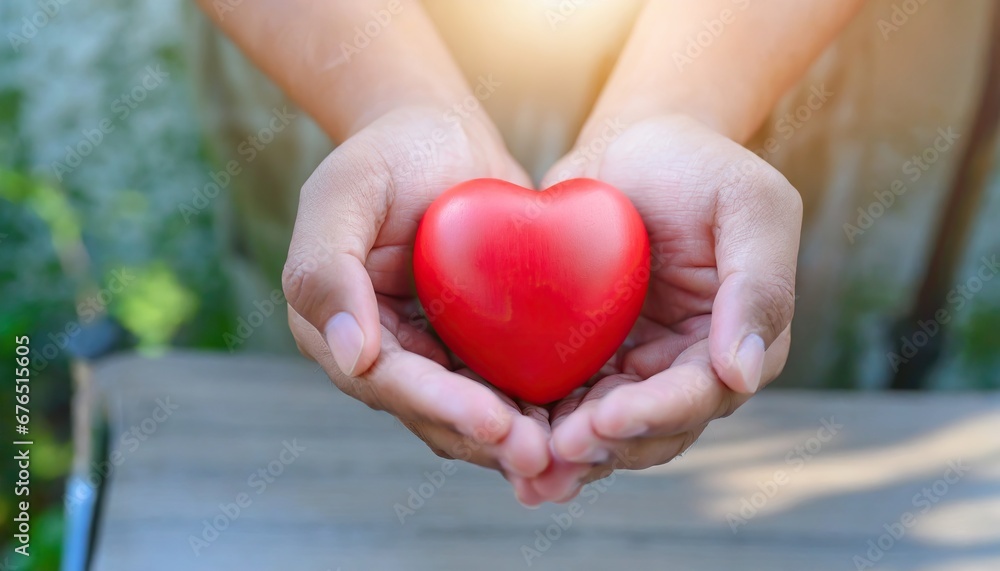 Close-up of red heart holding in hands, concept of donation and cardiology, symbolizing love, charity, and medical care Close-up of red heart holding in hands, concept of donation and cardiology, symbolizing love, charity, and medical care