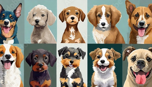Group of different dog breeds, cute puppy illustration set