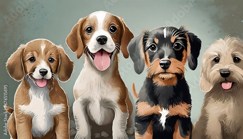 Group of different dog breeds, cute puppy illustration set photo