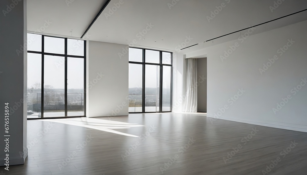 Empty modern room with white walls and big windows, minimalist interior design in luxury apartment, clean and contemporary space Empty modern room with white walls and big windows, minimalist interior design in luxury apartment, clean and contemporary space