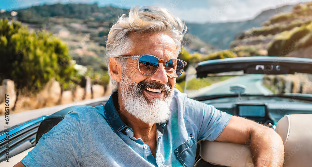 Happy bearded senior man enjoying summer road trip in Italy, luxury cabrio adventure, wealth and freedom lifestyle Happy bearded senior man enjoying summer road trip in Italy, luxury cabrio adventure, wealth and freedom lifestyle