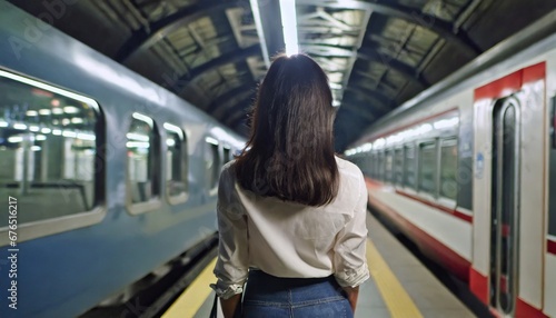 Lonely woman standing on platform in front of moving train in subway or on metro station