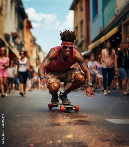 A young stylish African American skateboarder rides along the city streets. Carefree active hipster.