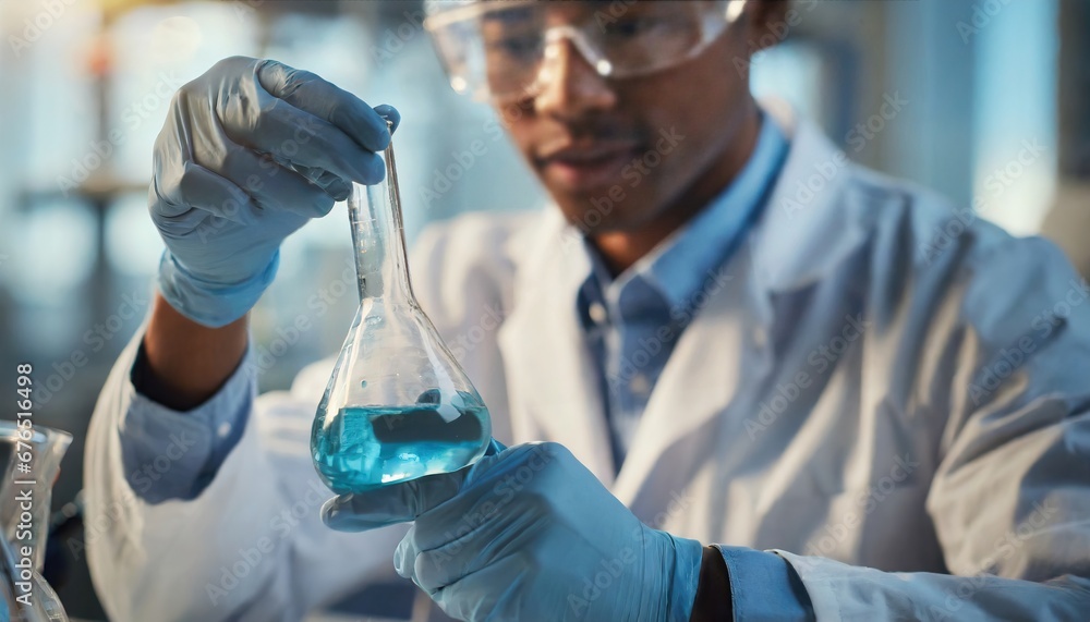 Scientist in laboratory analyzing blue substance in beaker, conducting medical research for pharmaceutical discovery, biotechnology development in healthcare, science and chemistry concept Scientist in laboratory analyzing blue substance in beaker, conducting medical research for pharmaceutical discovery, biotechnology development in healthcare, science and chemistry concept