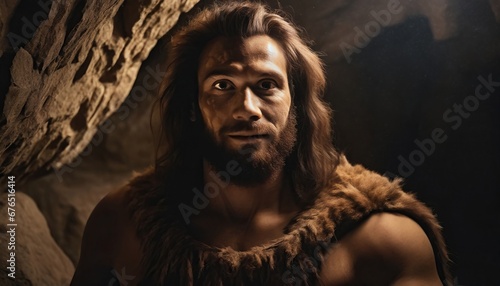 Portrait of a neanderthal man, prehistoric human, tribal caveman in a dark cave, hunter from prehistory photo