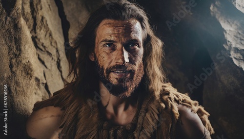 Portrait of a neanderthal man, prehistoric human, tribal caveman in a dark cave, hunter from prehistory