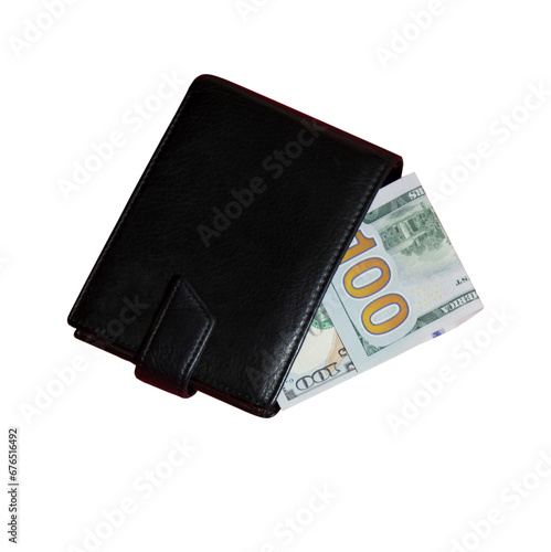 Black leather wallet with 100 dollar bill isolated on white background, png